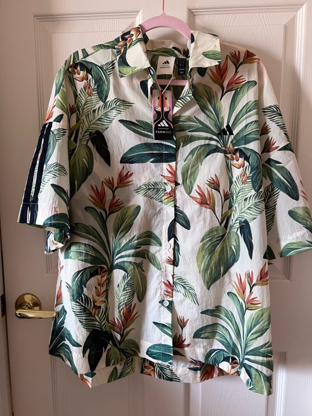 Adidas Farm Rio Cream Tropical Print Button-Up Shirt Women Large NWT